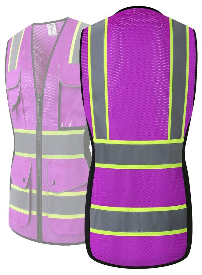 JKSafety سترة أمان عاكسة عالية الوضوح للنساء من JKSafety، 9 جيوب | شبكة أرجوانية نيون | شرائط عاكسة مع حواف صفراء ممتدة | متوافقة مع معايير ANSI (168-أرجواني، مقاس L) - Image 5